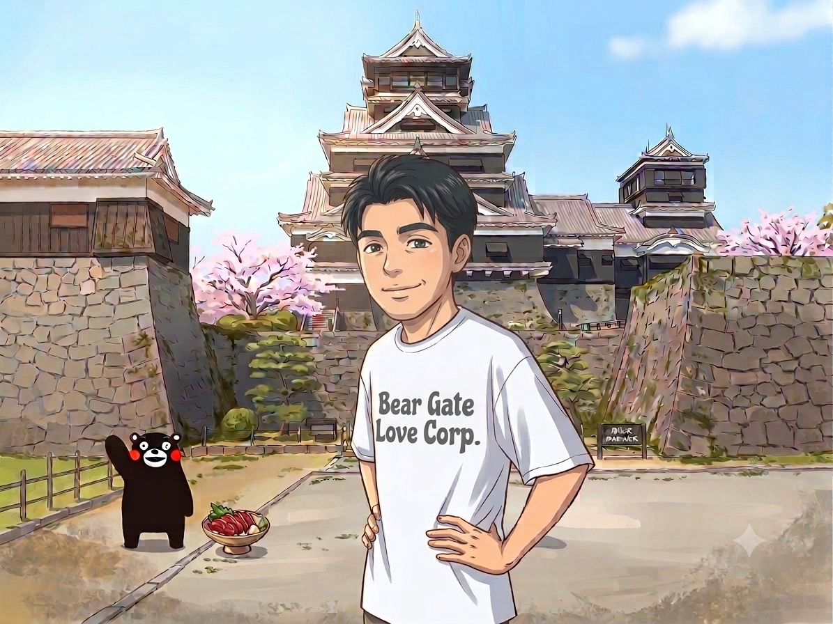 熊本城を背景にしたBear Gate Love Corp.代表者のイラスト
